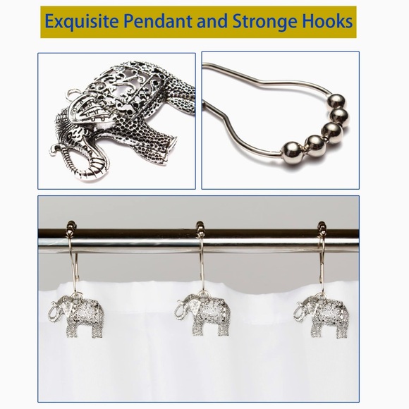 NEW IN BOX! 🛁🐘🚿 12 ANTIQUE SILVER ELEPHANT RUST PROOF SHOWER RINGS & HOOKS SET - Picture 8 of 16